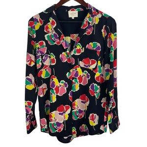 Sezane | Black Multi Color Floral Button Silk Blouse